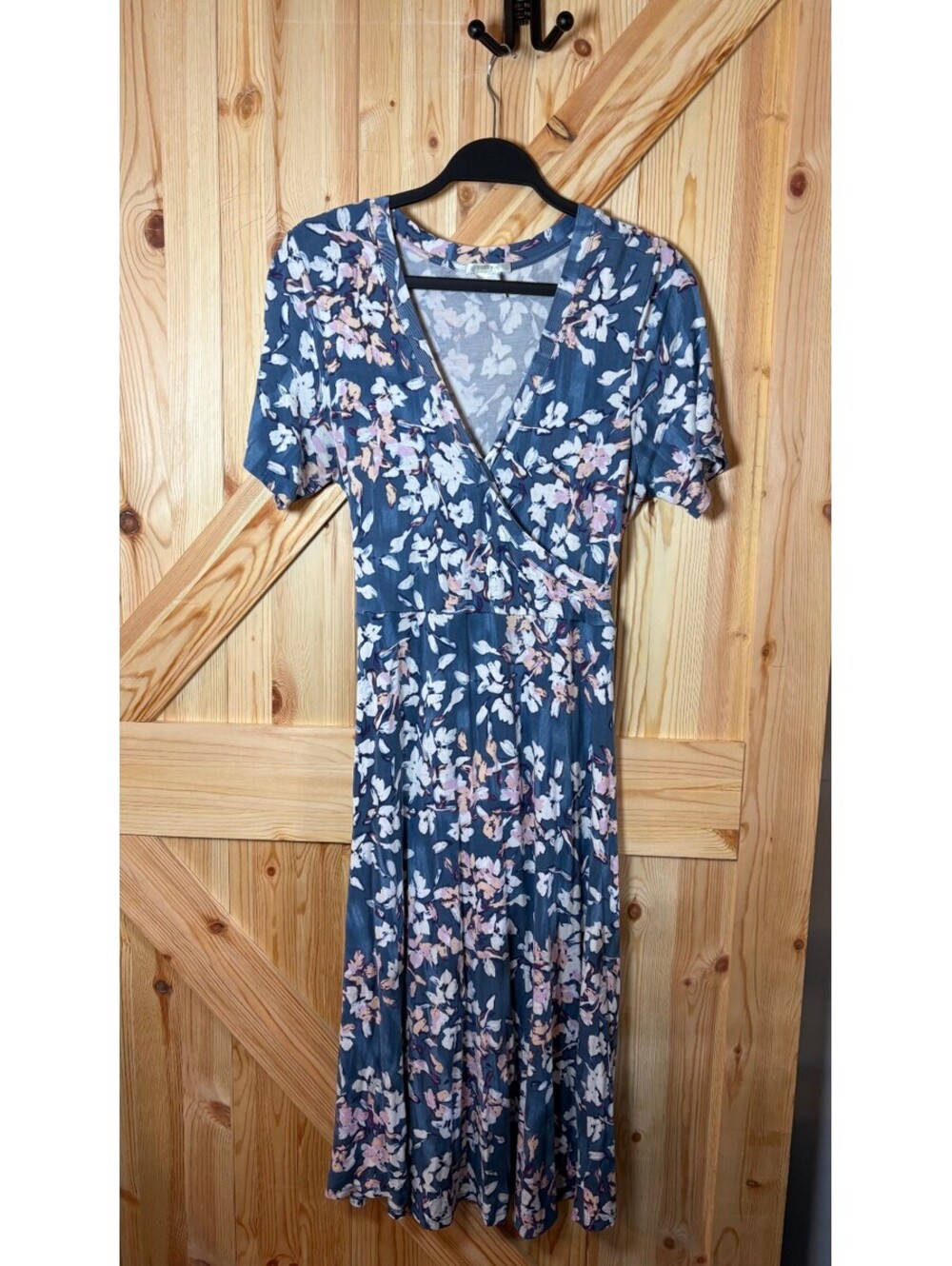 Matty M Floral Wrap Top Dress Size L Blue Rayon Spandex